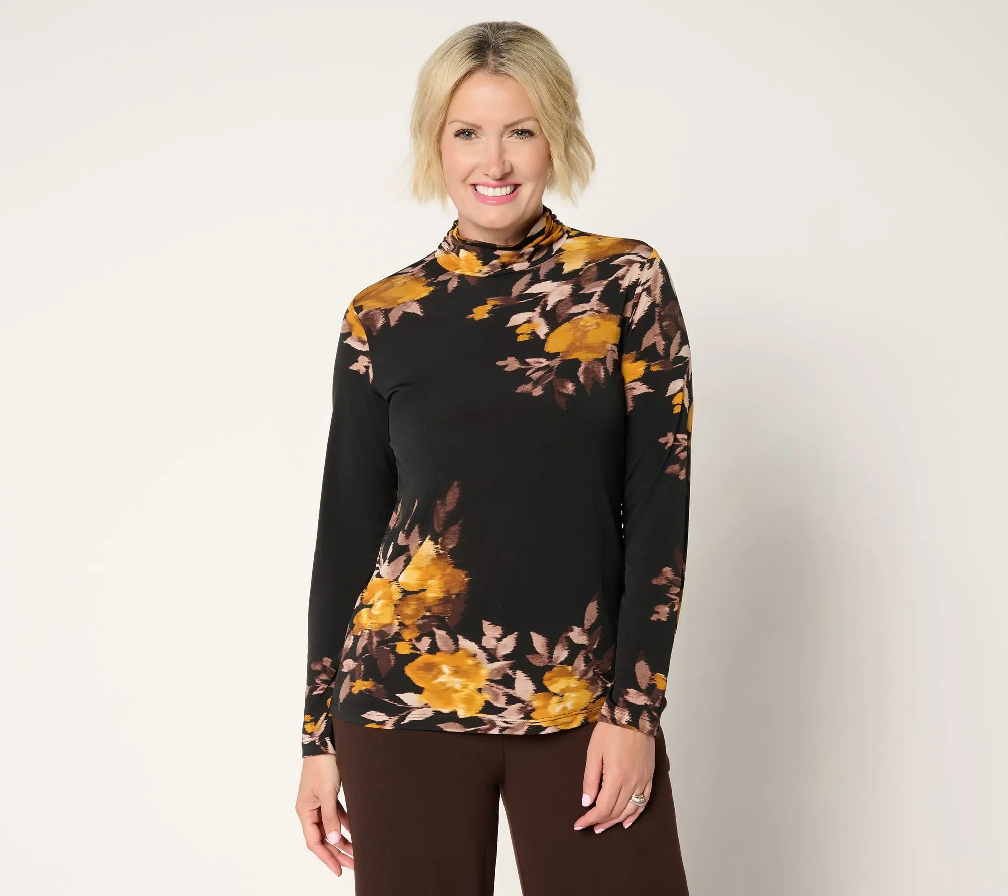Susan Graver Printed Liquid Knit Mock-Neck Ruched Long Sleeve Top