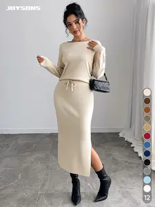 JOYSONS Boatneck Knit Top with Ribbed Tie-Waist Asymmetrical Slit Skirt Women's Minimalist Two-Piece Outfit Comfort Basic Light Apricot Color Suits