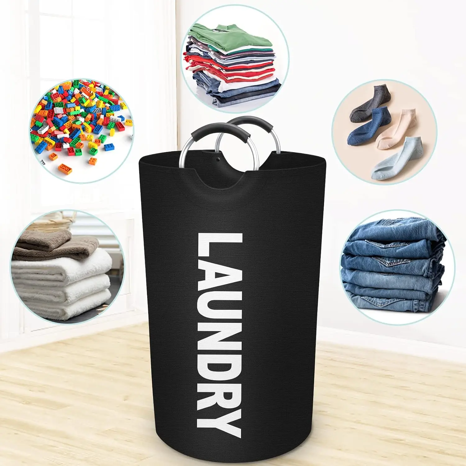 90L Large Foldable Laundry Basket, Waterproof Collapsible Hamper with Padded Handles, Sturdy Fabric Clothes Bag That Stands Up Well, Portable Storage for Bedroom Dorm Laundry Room, Space-Saving Fold Flat Design for Easy Tuck Away