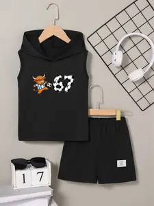 Boys Summer Hooded Design Sleeveless Set, “SIX SEVEN” “67”Cartoon Pattern Print Fashion Casual Two-Piece Vest Top Shorts, Daily School Sports Weekend