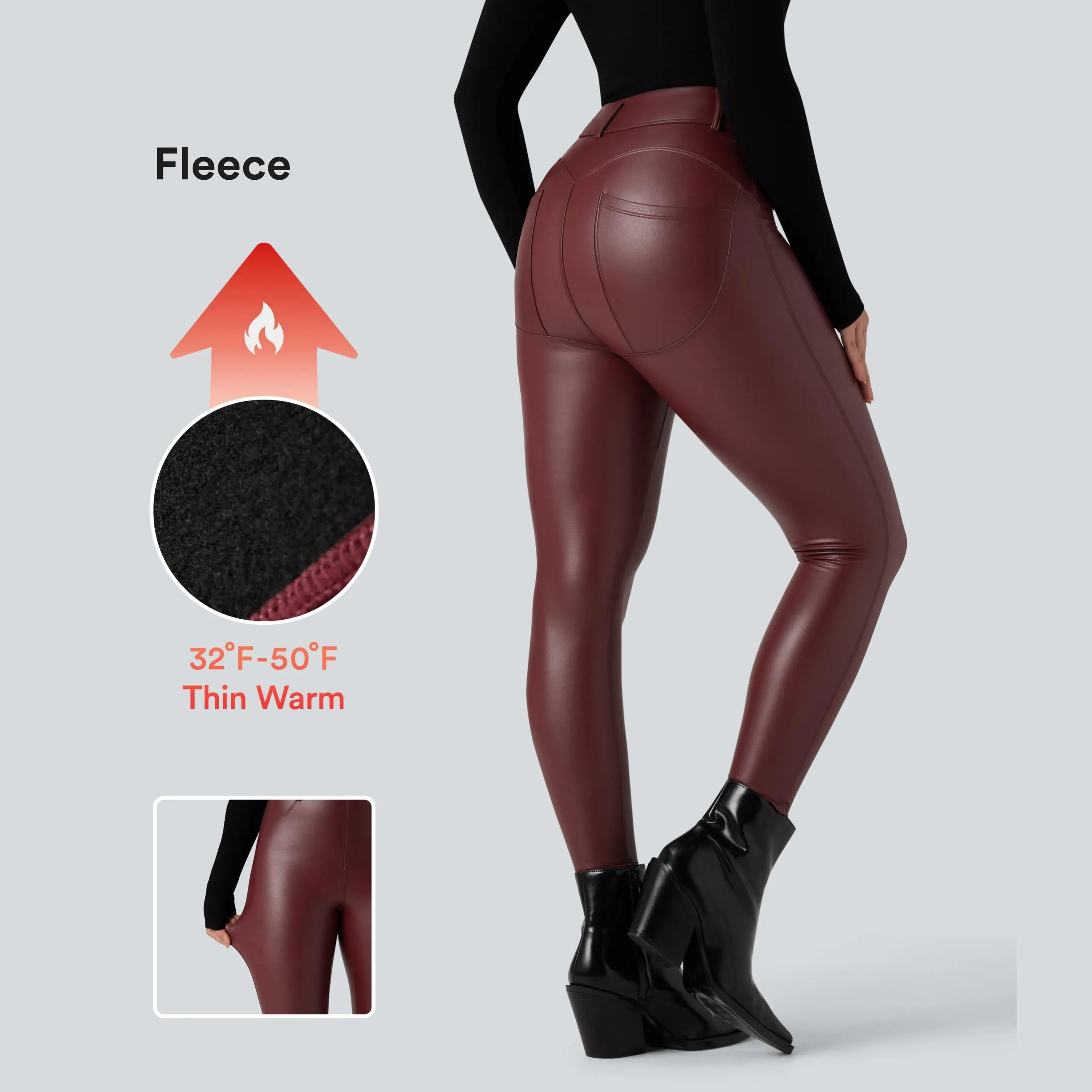 Halara High Waisted Stretchy PU Fleece Casual Leggings with Pockets Halara High Waisted Stretchy PU Fleece Casual Leggings with Pockets