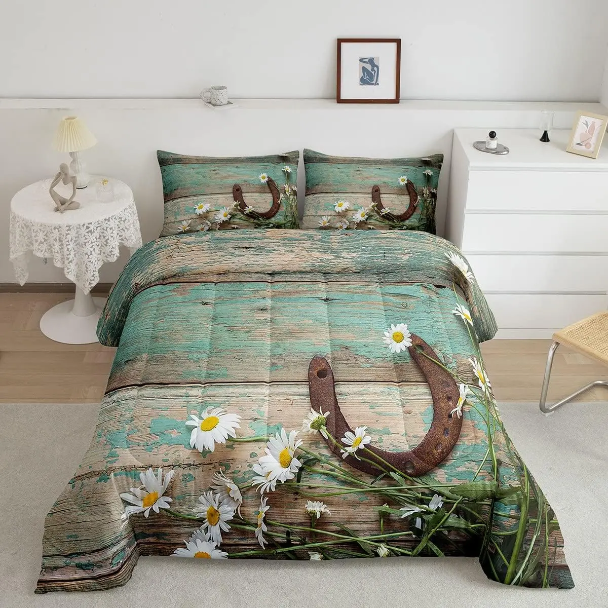 Feelyou Queen Microfibre Comforter Set - Western Rustic Farmhouse Duvet Set, Teal Country Wooden Barn Door Design with Horseshoe, Daisy Details for Cowboys, All Seasons, Machine Washable