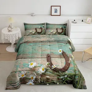 Rustic Farmhouse Bedding Set,Teal Country Wooden Barn Door Down Comforter,Western Horseshoe Daisy Comforter Set,Cowboys Cowgirls Quilt Duvet Sets