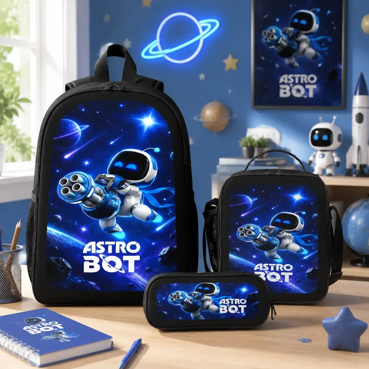 Casual Astro Bot Outdoor Backpack 3pc Set Laptop Daypack Print   Travel Backpack School Work Camping Travel Bag Aesthetic Lightweight Backpack TikTok Viral Back To School Gift Birthday Gift Travel Essentials Student Set Lunch Bag Pencil Case Organizer Se