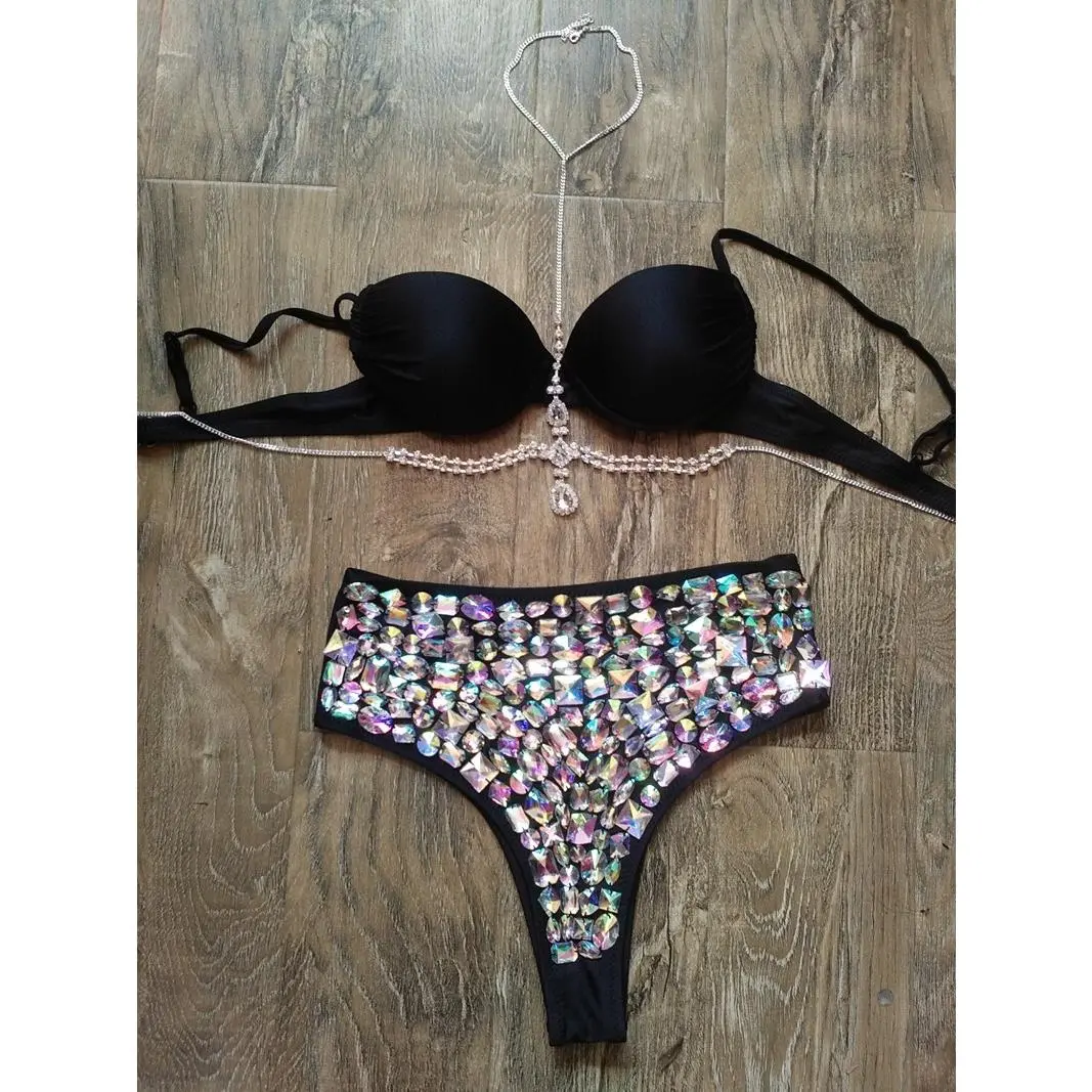 Underwear Set Sexy Handmade Stitched Acrylic Colorful Glisten Hanging Neck Strape High Quality Summer Ladies Blusas Streetwear Teddy Lingerie Bodysuits Sling Nightclub Party Blind Date Stage Party Shaper Ladies Woman Clothes Lingeries Womenswear Vneck