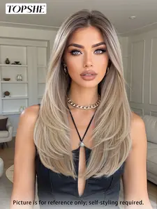 Topshe 13x6 Lace Front Wig, Ombre Ash Blonde Layered Long Straight Synthetic Wig for Women, Natural Hairline, Heat Resistant, Daily Wear