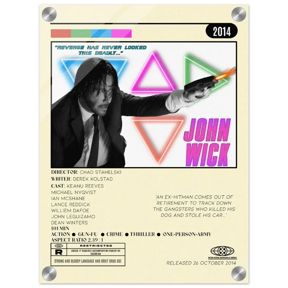 John Wick Acrylic Poster - Glossy Finish, Hanging Kit Included, Vibrant Neon Design, 4mm Thickness, Modern Artwork for Decor
