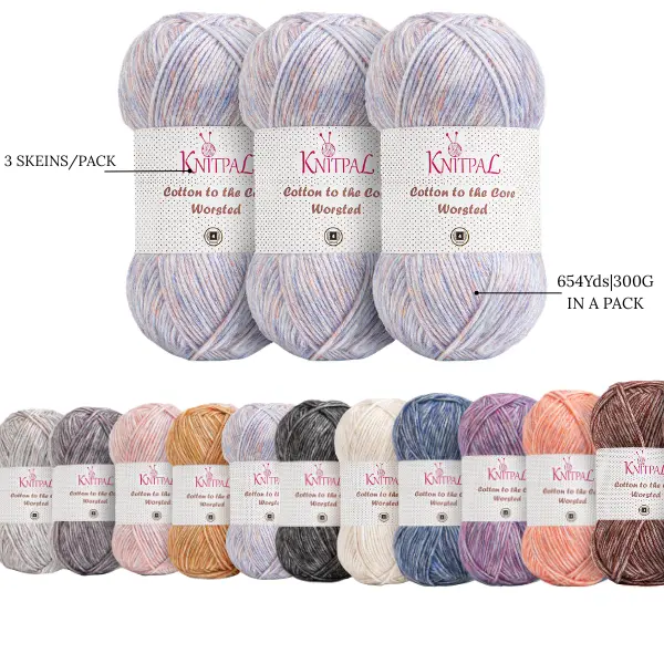 KnitPal 'Cotton to the Core Worsted' Medium Weight Cotton Blend Yarn, 3 Skeins (654 yds/300g), Sensitive Skin, Home Décor, Pill-Free, Colorfast, Durable, Heathered, Airy, Easy Care for Knitting & Crocheting
