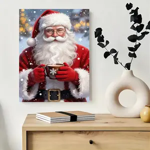 Framed Modern Santa Claus Hot Cocoa Mug Canvas Wall Art - Wood Framed Wrapped Canvas Print, Vibrant HD Ink  with Bold Red & Christmas Design, Cozy Holiday Decor for Home, Cafe, Room - Ideal Christmas & Halloween Gift Idea