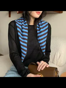 New Korean Style Versatile Classic Striped Triangle Scarf for Women, Winter Fashion Knitted Wrap Headscarf Shoulder Cover