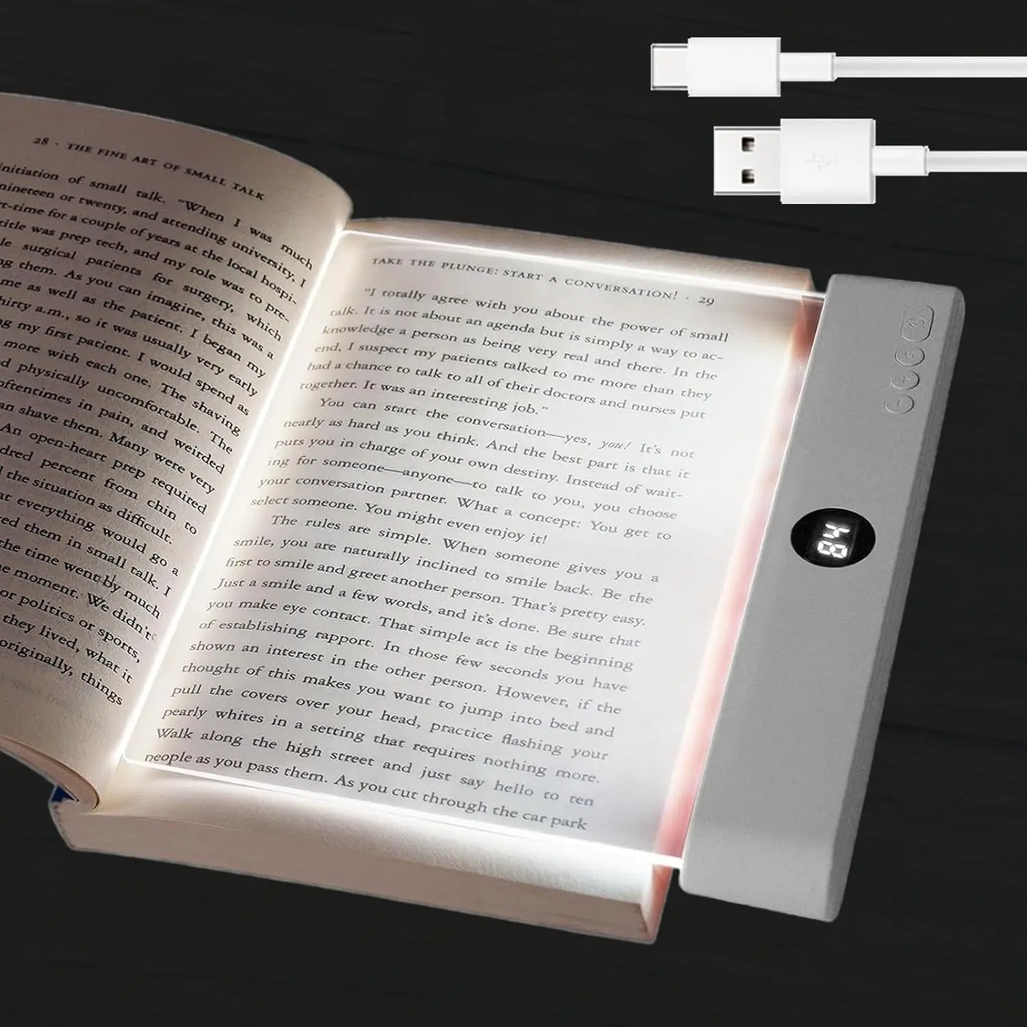 Mupoo Rechargeable Flat Book Light Page Book Light for Reading in Bed at Night 3 Colors & 1–99 Min Timer, Dimmable Clear LED Book Full Page Light Illuminator Panel Plate Lamp Board Wireless (White)