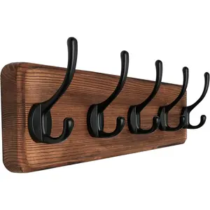 Rustic Wall Mounted Coat Rack with 16 Inch Mounting Hole Distance, Pine Solid Wood Coat Hook Hanger - 5 Hooks for Hanging Clothes Robes Towels Coats