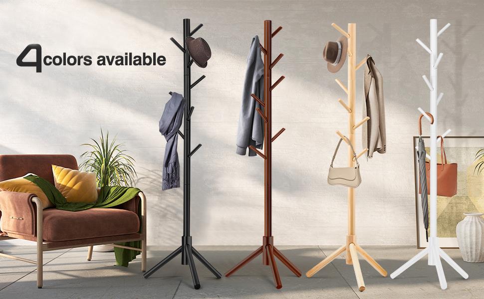 Wooden Coat Rack Stand with 8 Hooks New Zealand Pine 3 Adjustable Coat Standing Tree Easy Assembly for Coats, Hats, Scarves and Handbags for Entryway, Hallway, Bedroom, Office