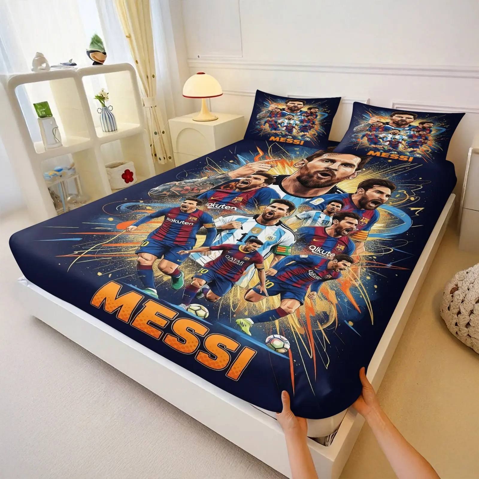 Football Career Elements Printed Fitted Sheet Set, Fitted Bed Sheets, Includes 1 Fitted Sheet & 2 Pillowcases, Suitable as a gift, Features striking "MESSI" lettering, Suitable for all seasons, Digital Print Bedding, Bedsheet Sets