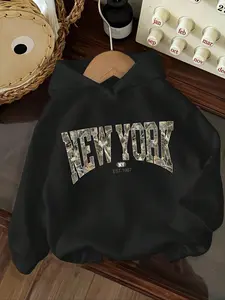 Women's Camo New York Letter Print Graphic Print Hoodie, Casual Loose-Fit Thick Fabric, Fall & Winter Holiday Style, New Arrival Trendy Design