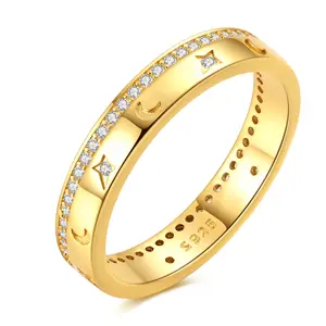 MULA Gold Moon and Star Ring 925 Silver-plated, 18K Gold Plated and Zircon, Celestial Universe Band Jewelry, Perfect for Women Anniversary Gift Christmas Valentine's Day