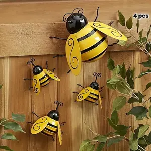 4pcs Metal Bee Wall Decor | Three-dimensional Sculpture Decoration Outdoor Wall Decoration Garden Decoration Hotel Decoration Fence Decoration Metal Art Bee Statue Outdoor Decoration Ornament