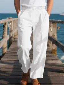 Men's Linen Wide Leg Casual Pants, Drawstring Waist, Breathable, Flowy, Vacation Style, Versatile Long Pants for Men