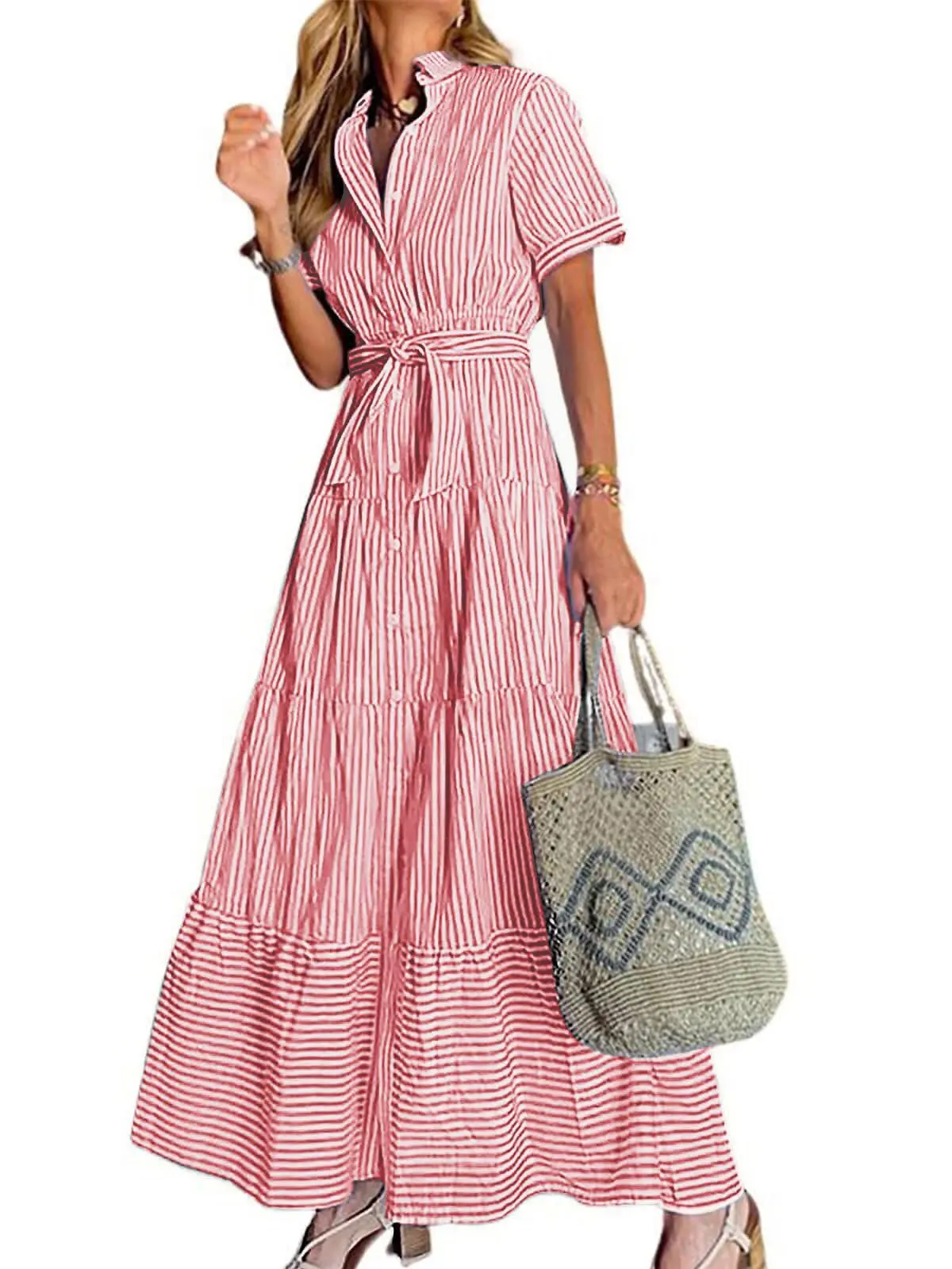 Chouyatou Women Button Down Striped Dress Lapel Collar Short Sleeve Dresses Loose High Waist Long Dress with Belt tiktokshopspringglowup - TikTok Shop Chouyatou Women Button Down Striped Dress Lapel Collar Short Sleeve Dresses Loose High Waist Long Dress with Belt tiktokshopspringglowup - TikTok Shop