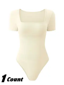 Women's Solid Square Neck Sports Bodysuit, Casual Comfy Short Sleeve Bodycon Bodysuit for Summer, Ladies Sportswear for Indoor Outdoor Wear, Socks