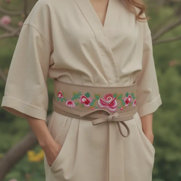 Women Kimono Beige Fashion Wide Wrap Around Tie Belt High Waist Emroidery Flower S M