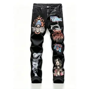 New European And American Black Warrior Y2K Ghost Head Letter Printed Jeans Fabric Menswear Set Stretch Trouser Pants