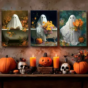 3 Counts Wooden Framed Canvas, Ghost Reading in Bathtub Poster, Halloween Home Poster, Halloween Party Decorations, Living Room And Bedroom Hanging Paintings, Horror Theme, Interesting Posters, Exquisite Gifts, High-Definition Art