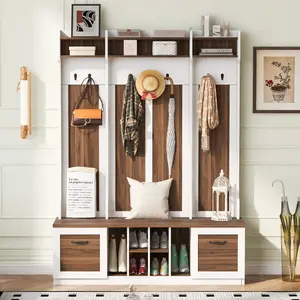 5-in-1 Modern Entryway Bench with Rectangular Top, Coat Rack, 7 Sturdy Hooks, 2 Spacious Drawers, Adjustable Shelves, 58.8'' Wide Hall Tree with Metal Handles for Large Storage in Hallway, Living Room