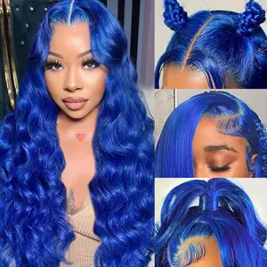 20inch-34inch Available Body Wave 13x4 Blue HD Transparent Lace Front Wigs Human Hair Royal Blue HD Lace Frontal Wig Human Hair Pre Plucked with Baby Hair Navy Blue Colored Lace Front Wig For Woman