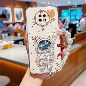 Pearl Strap Lanyard Redmi Note 9T Elegant Plating Phone Holder Case Compatible With for Xiaomi Redmi Note 9T Cherry Cute Brown Little Bear Case Cover for Fashion