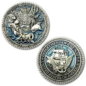 US Navy 250th Anniversary Birthday King Neptune Veteran Limited Edition Collectible Challenge Coin 2 inch Antique Gold & Silver Plated Hand Painted