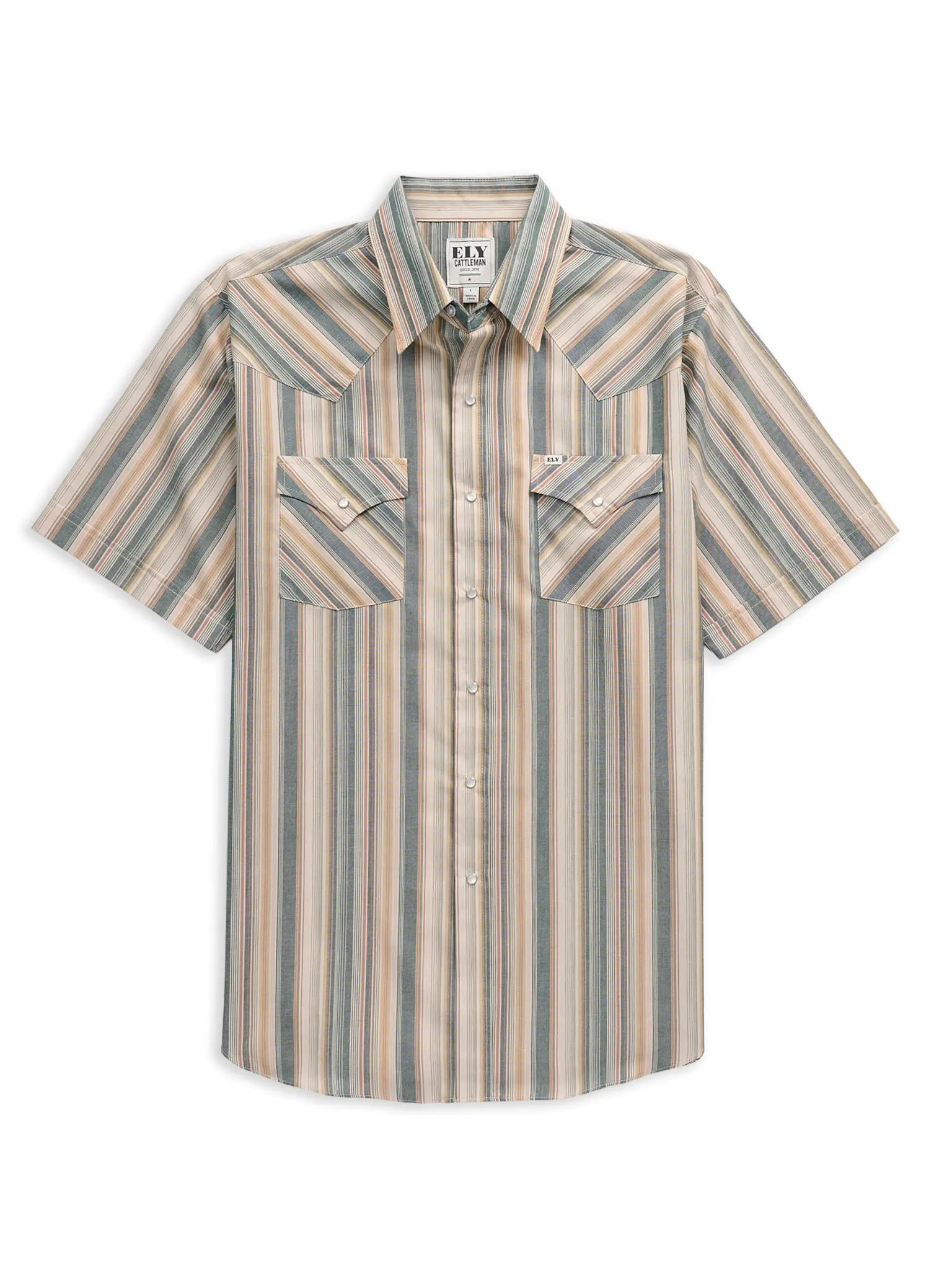 Men's Classic Ely Cattleman Short-Sleeve Ecru Stripe Western Snap Top - Polyester Cotton Menswear Cowboy Shirt with Pocket