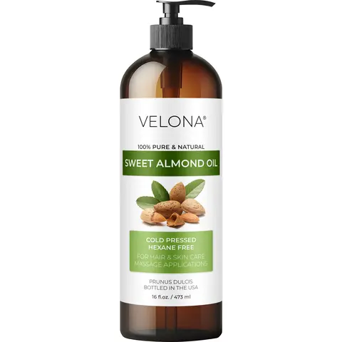 Velona Sweet Almond Oil - 16 Fl Oz 100% Pure Natural Cold-Pressed Unscented Additive-Free Biotin-Infused Collagen-Boost Body Care Carrier Oil, Hydrating Moisturizer for Silky Skin, Softens Rough Hands & Feet