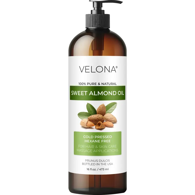 Velona Sweet Almond Oil - 16 Fl Oz 100% Pure Natural Cold-Pressed Unscented Additive-Free Biotin-Infused Collagen-Boost Body Care Carrier Oil, Hydrating Moisturizer for Silky Skin, Softens Rough Hands & Feet