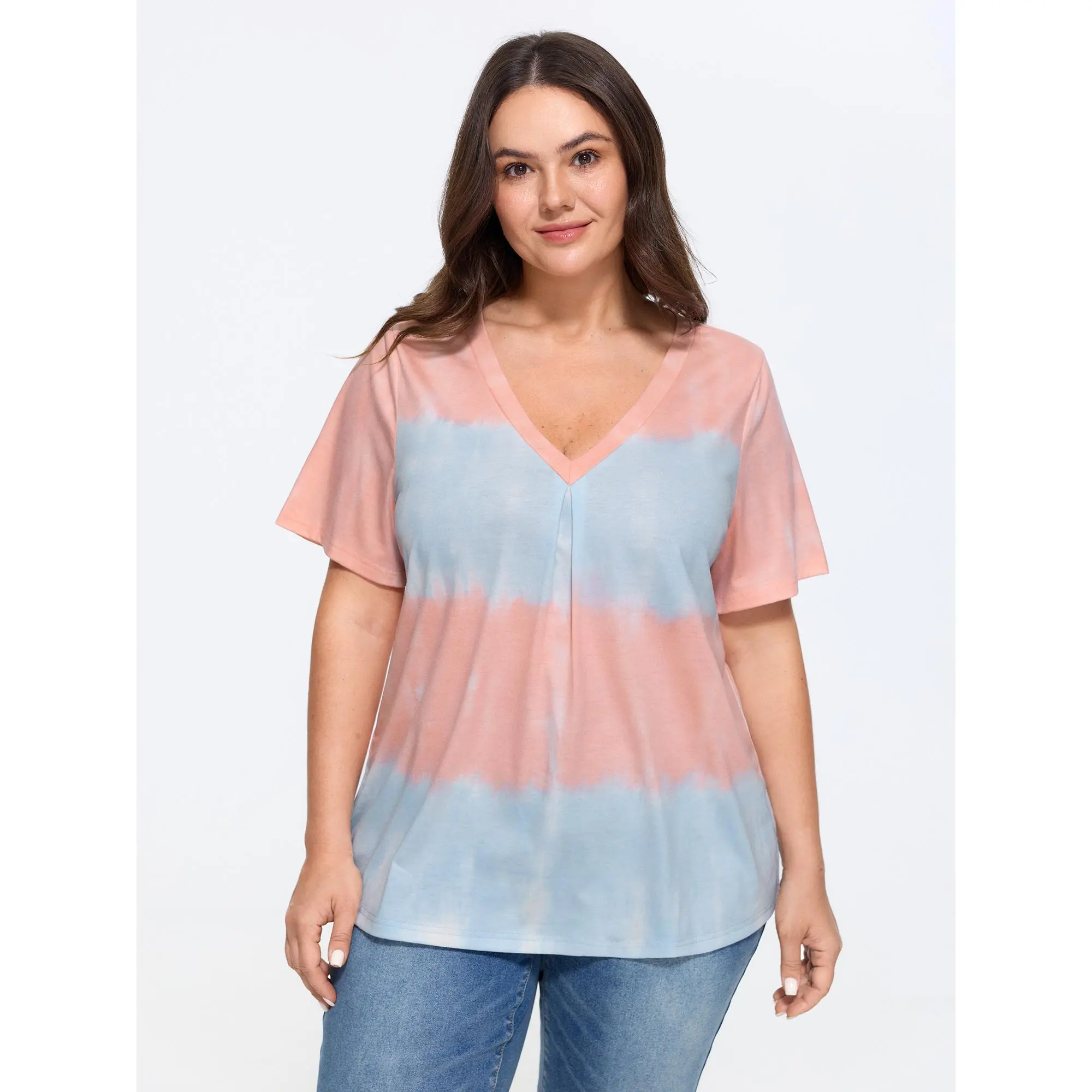 BloomChic Women's Plus Size Multicolor Tie Dye V-Neck Shortsleeve Casual Top - Supersoft Spandex Fabric, 2026 Summer Outfits, Sizes M-6X