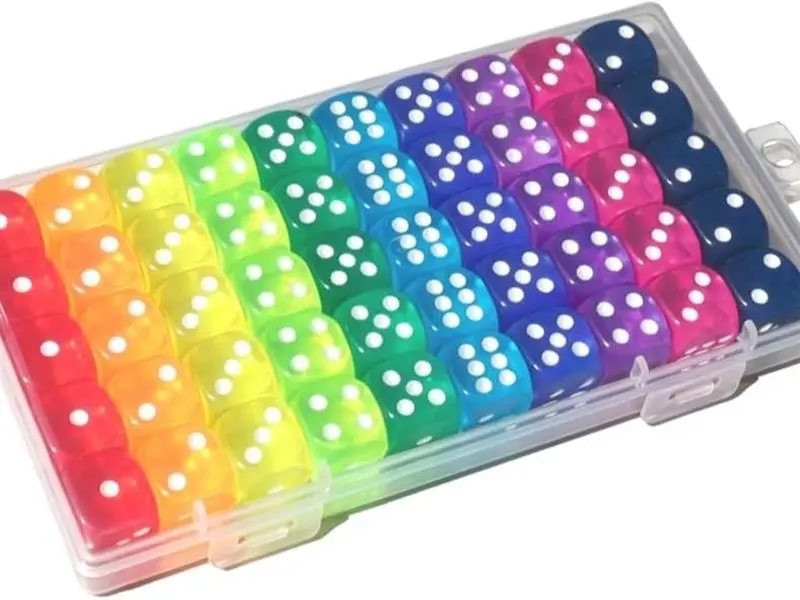 50 Pieces Colored 6 Sided 14mm Dice with White Color Pips for Board Games, Teaching, Learning, Rolling, Group Event, 10