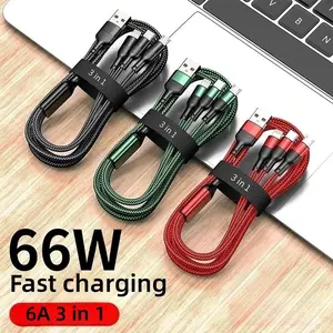 3 in 1 Fast Charging Cable 66W 6A Multi Port USB-C Micro USB Type-C Data Cable