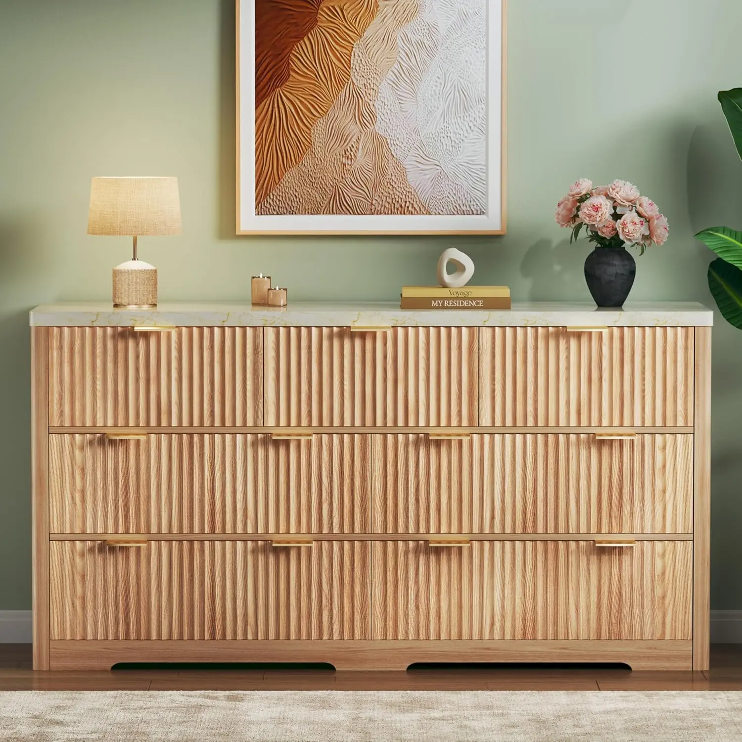 Fluted Dresser for Bedroom with 7 Drawers, 53'' Modern Dressers with Faux  Marble Top, Mid Century