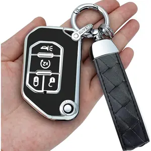 for Jeep flip Key fob Cover with Leather Keychain,Soft TPU 4 Buttons Key Shell,fit 2020 2021 2022 2023Wrangler JL JLU Gladiator JT Rubicon Flip Remote car Key(Black)
