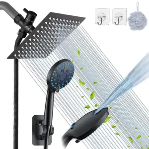 Shower Head with Handheld Sprayer & Bath Sponge, 8 Inch Rain Shower Head with 6+2 Spray Settings, Anti-clogging Nozzle, Bathroom Supplies