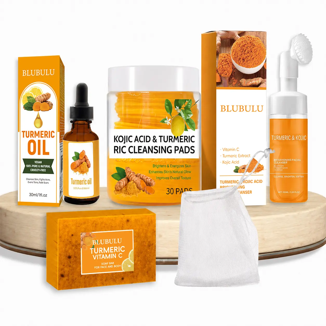 Women's 5-Piece Turmeric Brightening Facial Cleanser Kit - Facial Wash, Turmeric Bar Soap, Vitamin C Oil, Mousse, Solid Form Skin Lightening Cleansing Pads (30pcs/box) for Normal Skin Daily Care Self-Care Gift