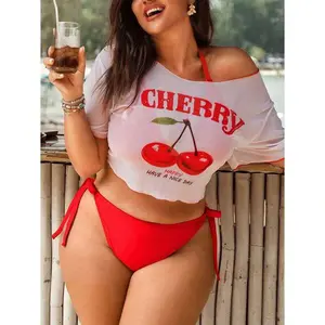 Women's Floral Graphic Tie-Side Bikini Outfits with Sheer Crop Cover-Up, Beachwear Fit, Breathable Fabric Swimwear