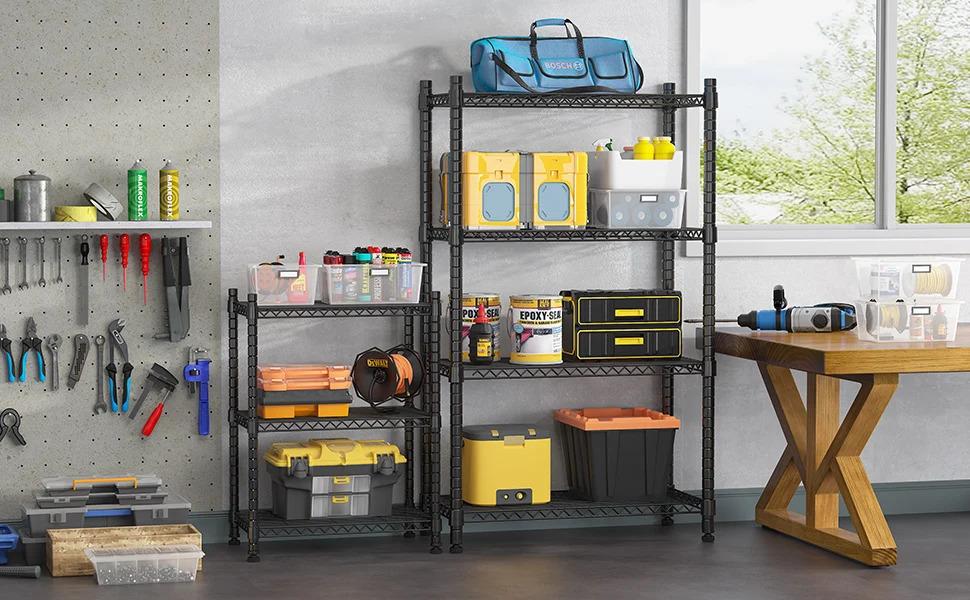 4-Layer Adjustable Utility Storage Rack with Black Anti-Rust Coating Ideal for Pantry/Laundry Room Organization