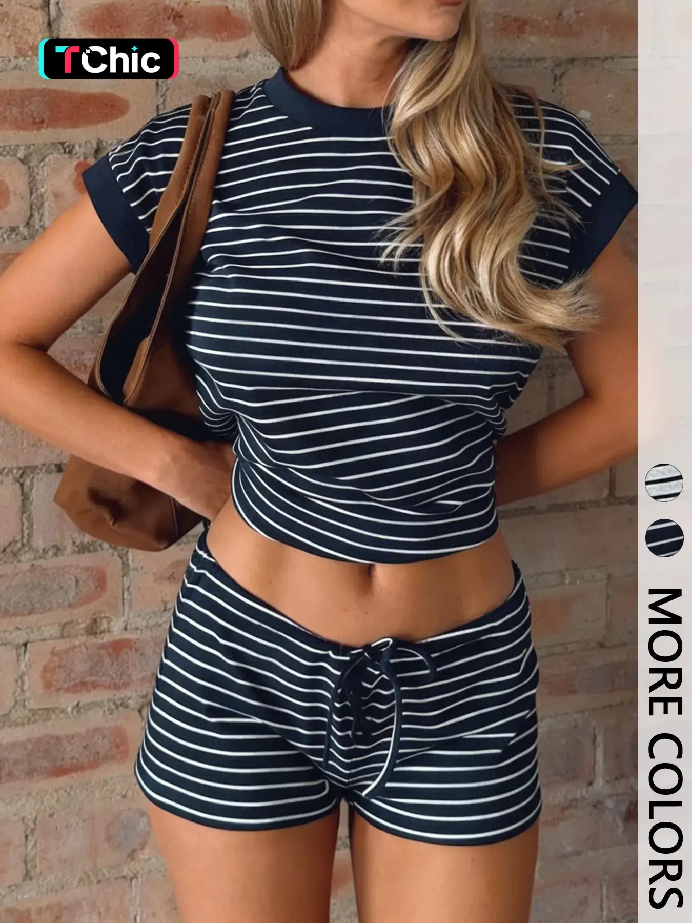 2 Piece Spring Summer Striped 2 Piece Outfit Set Women | Crop Top + Drawstring Waist Adjustable Shorts | Y2K Retro Baddie Casual Aesthetic Style Fashion for Daily Vacation Beach Wear
