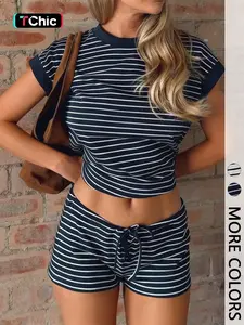 2 Piece Spring Summer Striped 2 Piece Outfit Set Women | Crop Top + Drawstring Waist Shorts | Y2K Retro Baddie Casual Style for Daily Vacation Beach Wear
