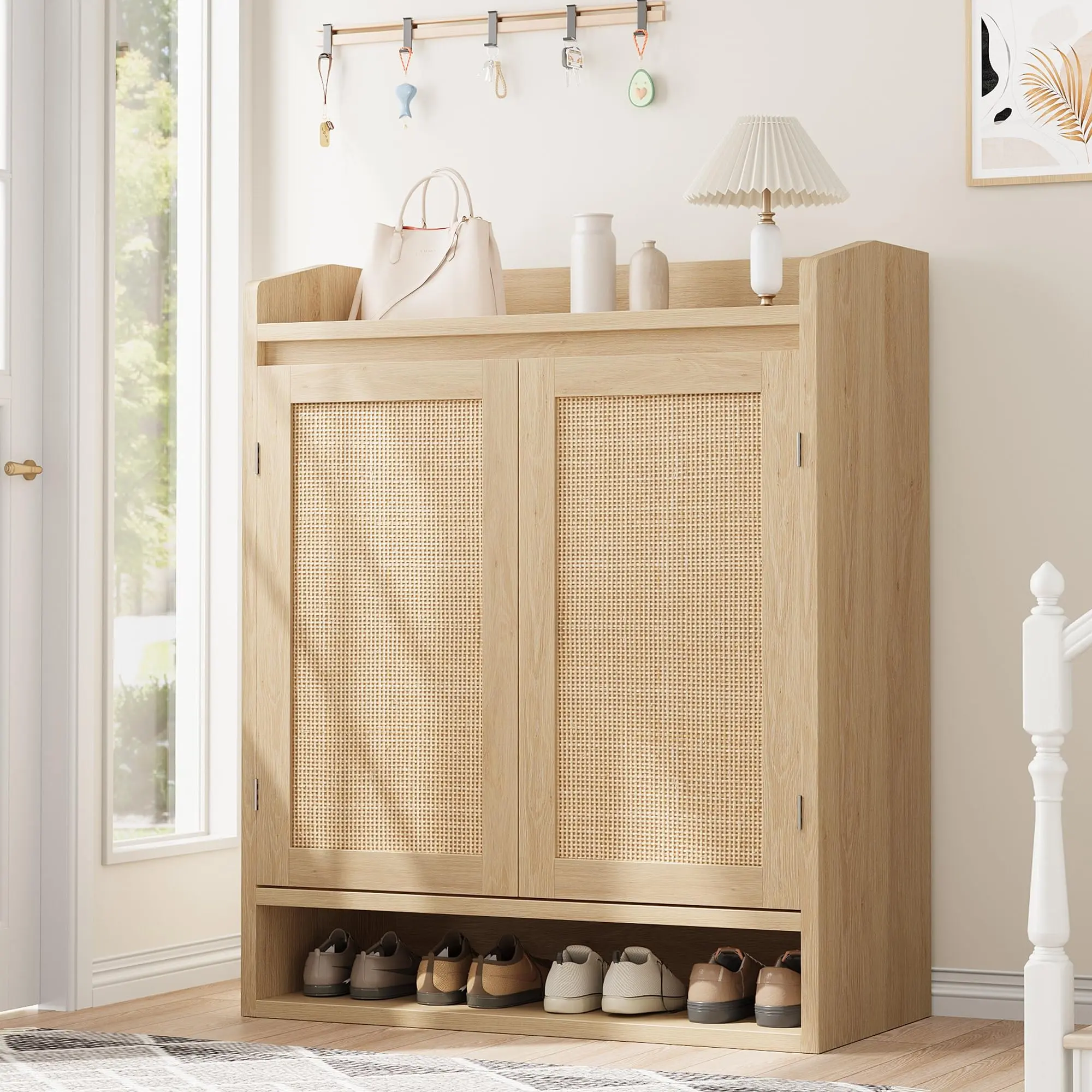 Rattan Shoe Organizer for Entryway, Boho Wooden Shoe Storage Cabinet with Adjustable Shelves, Large Closed Shoe Rack for Hallway, Living Room, Closet