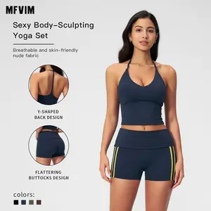 MFVIM thin-strap slim sports tank top and high-waisted fold-front shorts two-piece set for indoor and outdoor yoga workouts