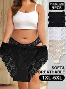 8/9/10 Pack Plus Size Luxury Lace Briefs, Soft Skin-Friendly Bottom, Breathable Mesh, Non-Irritating, Essential for Home and Work
