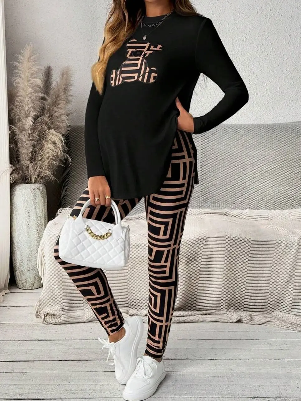 Maternity 2-Piece Set Bear Print Long Sleeve Top & Leggings, Comfortable Fall Pregnancy Lounge Outfit