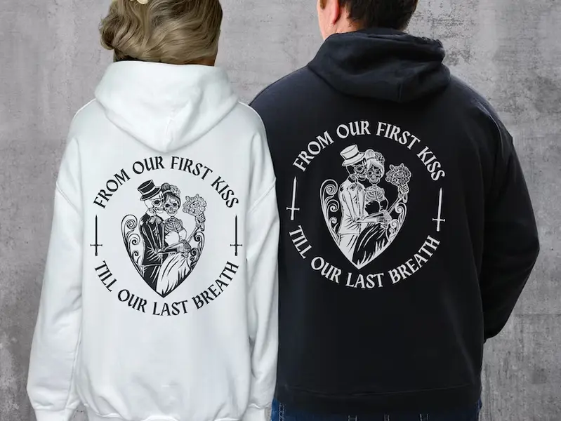 Matching Skeleton Couple Hoodies, Fiance Bride Sweatshirt, Cute Couple Halloween Sweater Spooky Halloween Couple Shirt, Romantic Gift, His and Hers Engagement Shirts